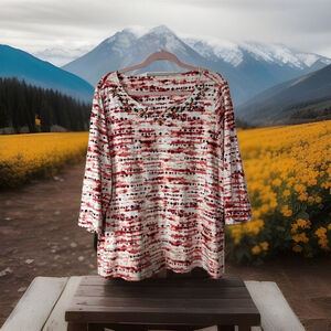 2X Pretty Coral N Taupe Top Cotton/Spandex Round Small V Neck W Beading